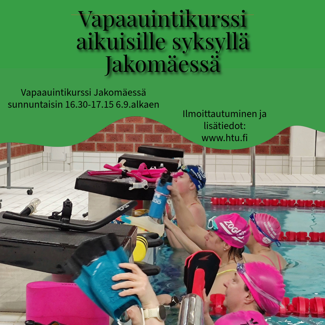 Aikuisten vapaauintikurssi Jakomäessä syksyllä 2026 sunnuntaisin 16.30-17.15 6.9. alkaen
Vapaauintikurssilla harjoitellaan vapaauinnin tekniikkaa, potkuja sekä käydään läpi käännökset.
Kurssille uintitaitoa oltava 150-200 metriä ja vapaauinnin tulee sujua jo ainakin osan tuosta matkasta. Kurssien tavoite on sitten saada vapaauinnista taloudellisempaa, helpompaa ja uinnista mukavaa. Käytössä on kaksi rataa.
Kurssi sopii niin mastersuimareille, swim-runiin hurahtaneille kuin triathlonisteille kohti seuraavan kesän startteja.
Kesto 9×45 min, hinta 98€.
Ilmoittautuminen www.htu.fi.