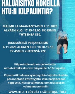 Kiinnostaako kilpailullinen harrastus? Kilpauintikoulun kautta avautuu väylä seuramme kilpauintiryhmiin.

Lisätiedot ja ilmoittautuminen www.htu.fi.