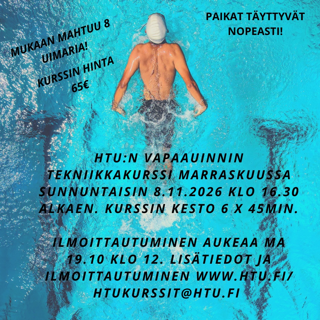 Aikuisille tarjolla kursseja Jakomäessä sunnuntaisin.
Rauhallinen ja mukava Jakomäen halli tarjoaa hyvän ympäristön rauhassa kehitellä omaa uintitekniikkaa vaikka kohti kesän triathlon-startteja tai muuten vaan käydä hakemassa uutta oppia omaan tekemiseen.
Muista ilmoittautua ajoissa, paikat menevät nopeasti.
